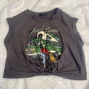 Gray Graphic Crop Top with Green Van Design